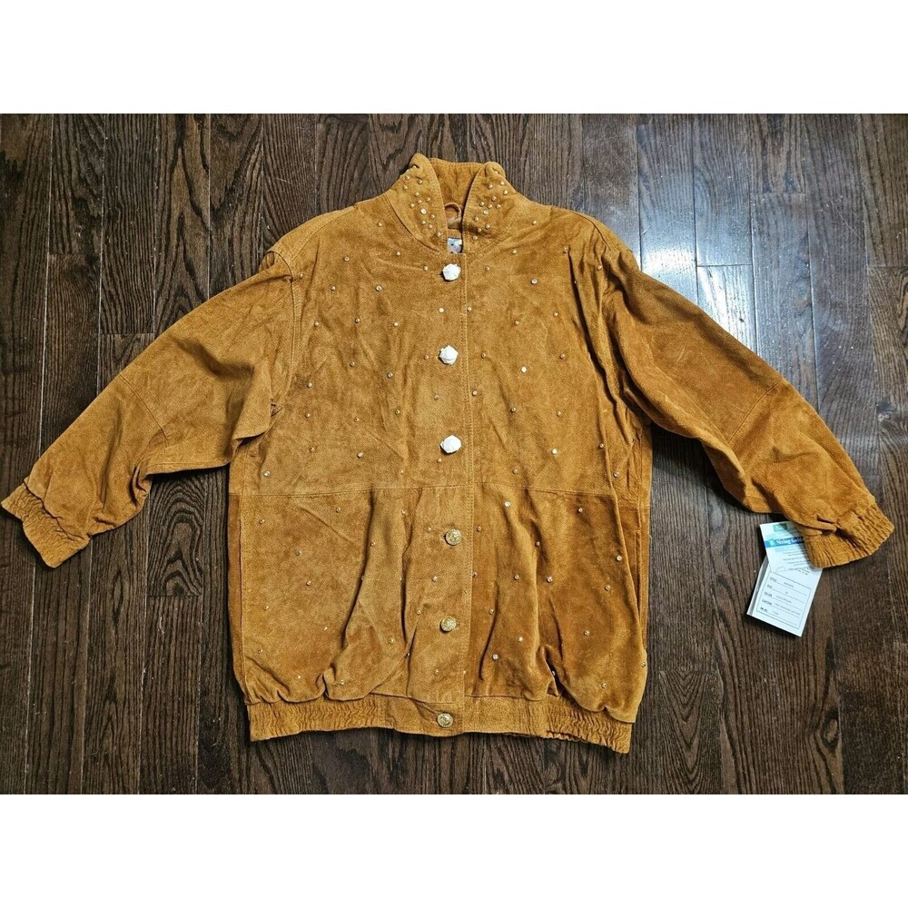 1980's Lion Button Studded Brown Suede Leather Jacket 2X, Atlantic Beach NEW NOS
